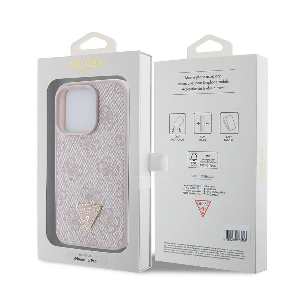 Apple iPhone 15 Pro Kılıf Guess Orjinal Lisanslı PU Deri Taşlı Üçgen Logo 4G Desenli Strass Kapak