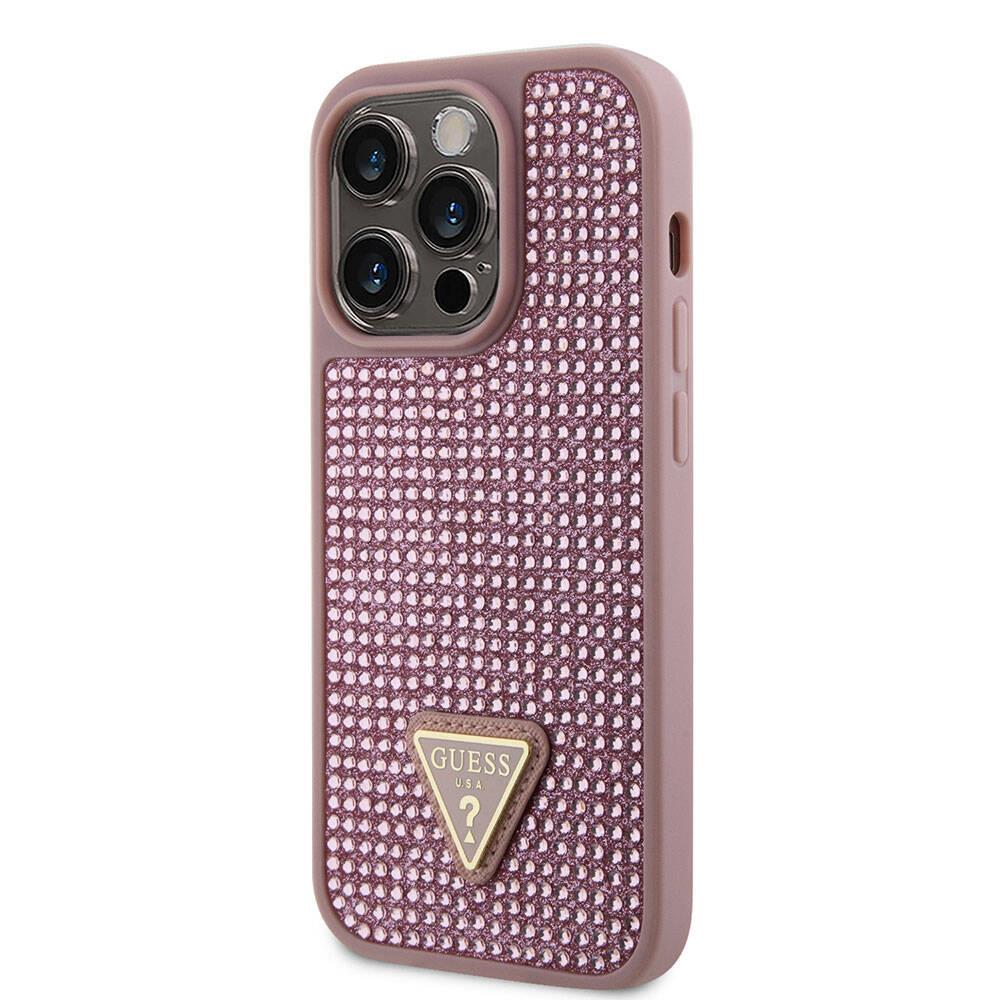 Apple iPhone 15 Pro Kılıf Guess Orjinal Lisanslı Taşlı Arka Yüzey Üçgen Logolu Kapak