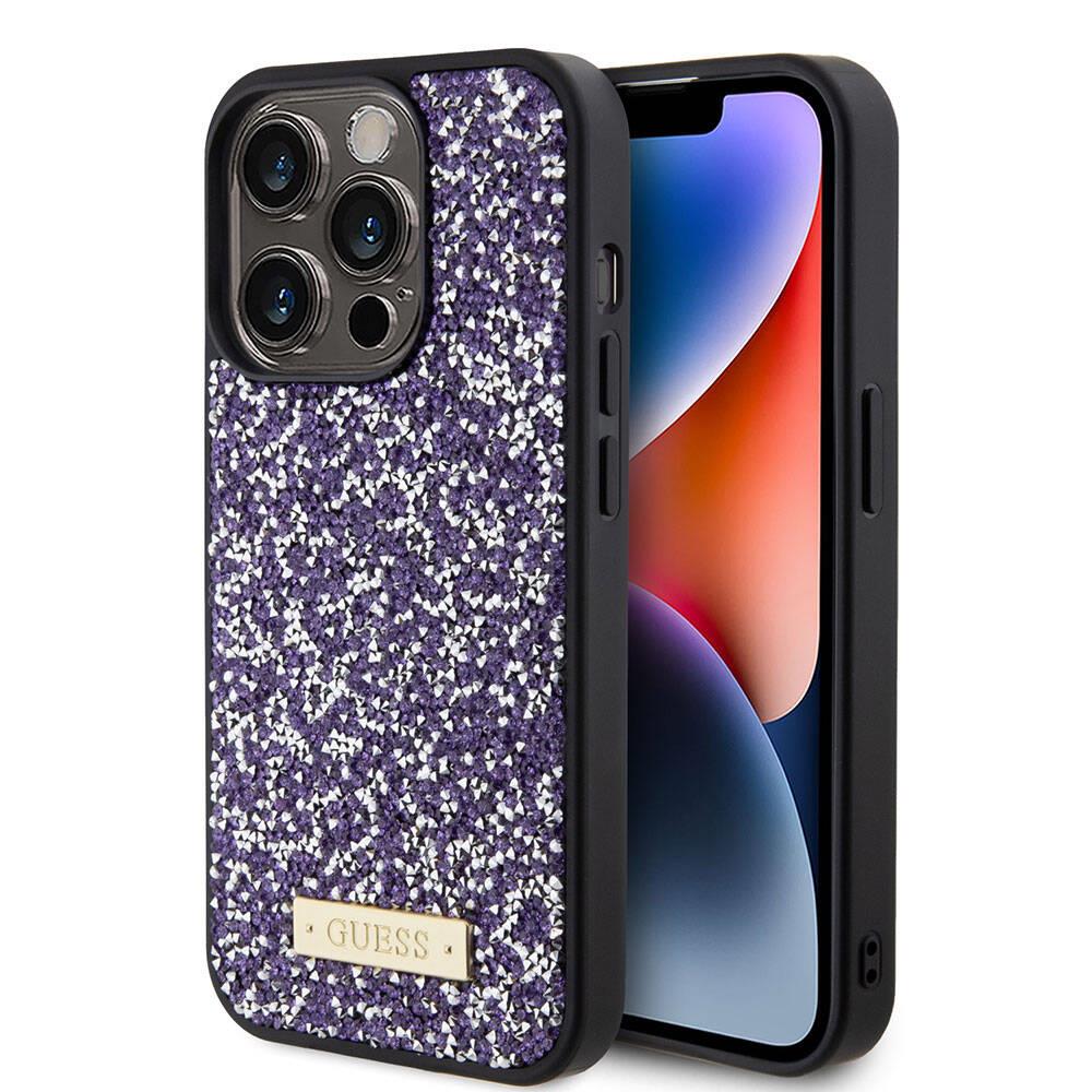 Apple iPhone 15 Pro Kılıf Guess Orjinal Lisanslı Taşlı Arka Yüzey Metal Yazı Logolu Kapak