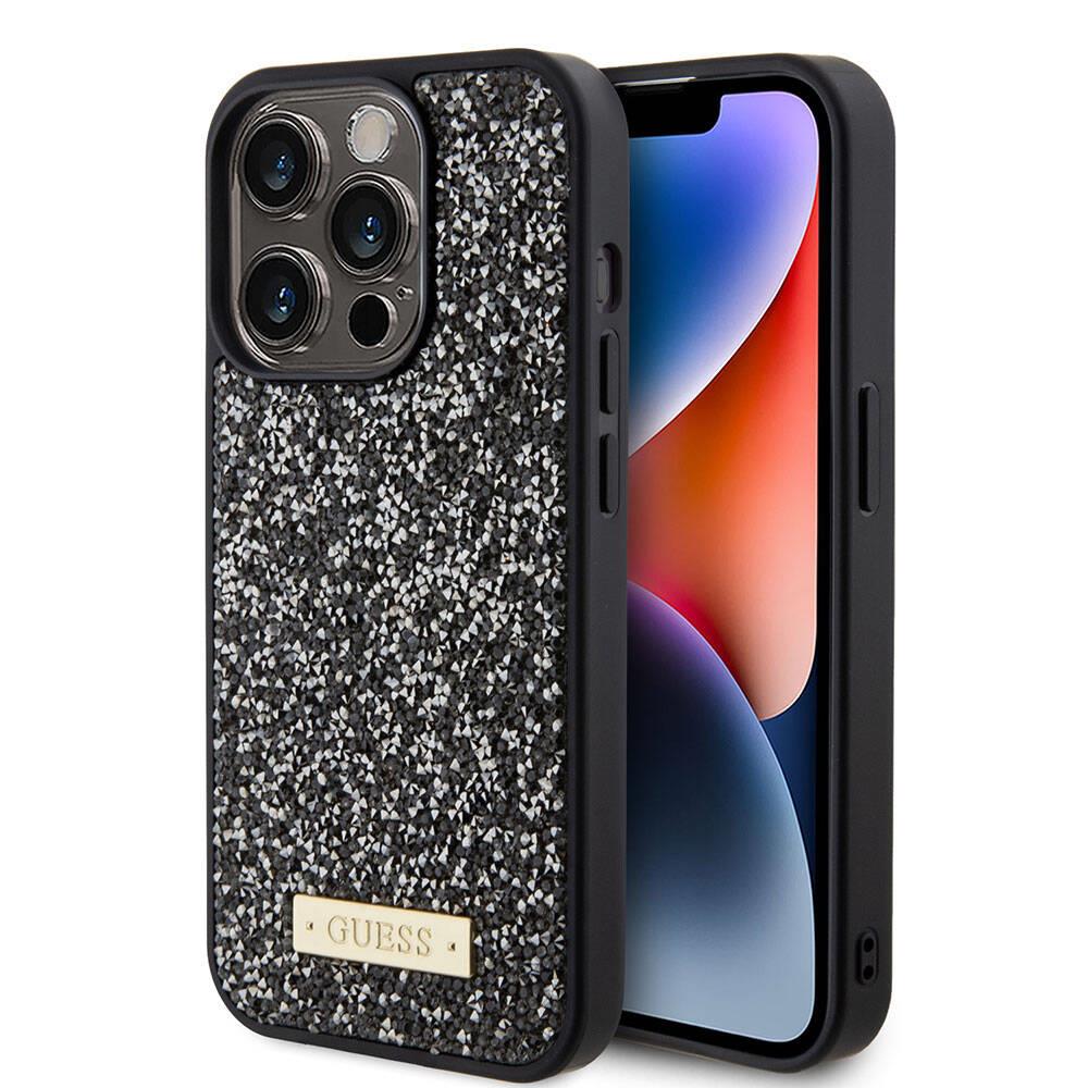 Apple iPhone 15 Pro Kılıf Guess Orjinal Lisanslı Taşlı Arka Yüzey Metal Yazı Logolu Kapak