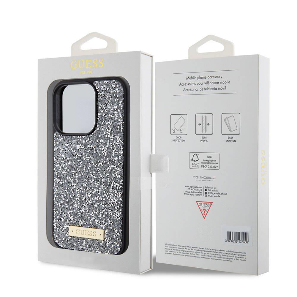 Apple iPhone 15 Pro Kılıf Guess Orjinal Lisanslı Taşlı Arka Yüzey Metal Yazı Logolu Kapak