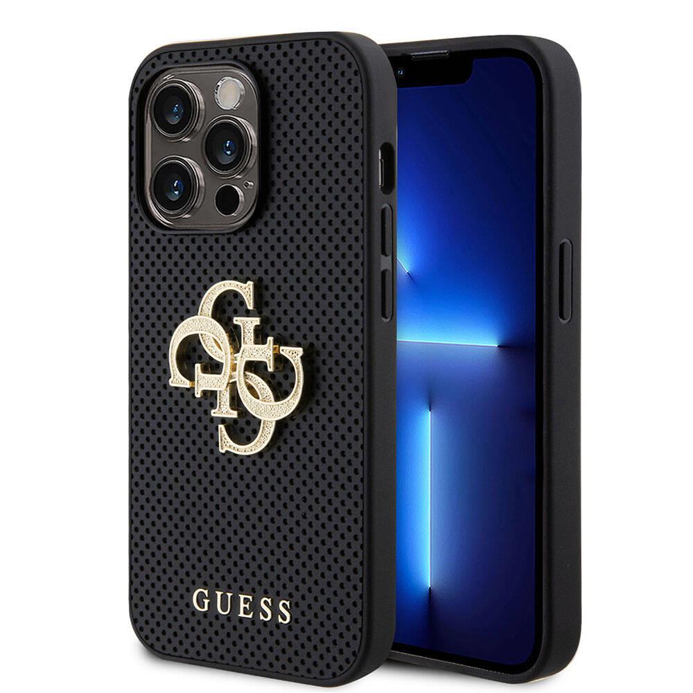 Apple iPhone 15 Pro Kılıf Guess Orjinal Lisanslı Delikli Yazı ve 4G Glitter Büyük Metal Logolu Kapak