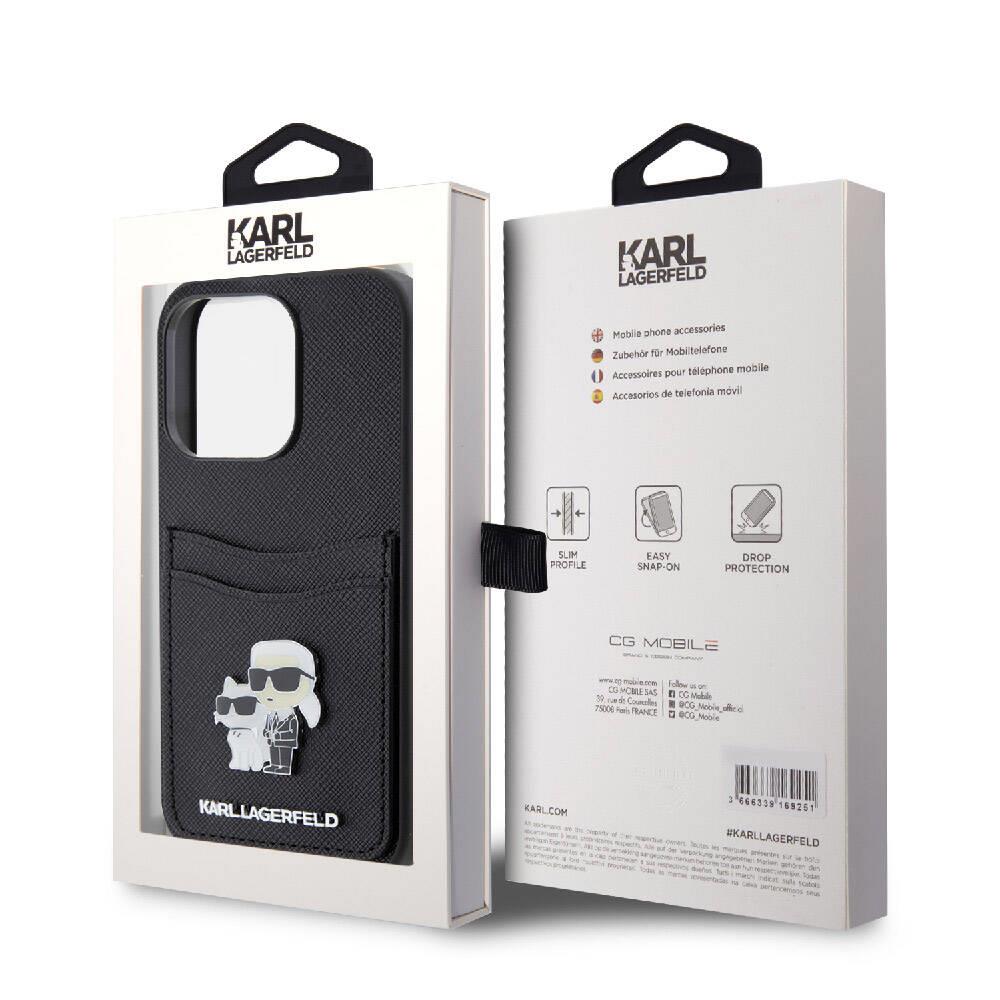 Apple iPhone 15 Pro Kılıf Karl Lagerfeld Orjinal Lisanslı Metal Logo Kartlıklı Saffiano Kapak
