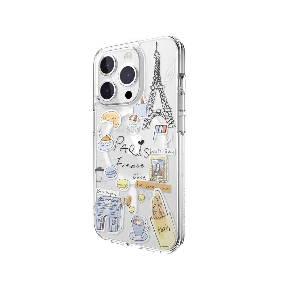 Apple iPhone 15 Pro Kılıf Magsafe Şarj Özellikli Çizim Desenli Şok Önleyicili Şeffaf Lisanslı Switcheasy City-M Paris Kapak