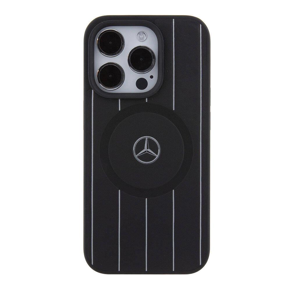 Apple iPhone 15 Pro Kılıf Mercedes Benz Orjinal Lisanslı Magsafe Şarj Özellikli Baskı Logolu Paralel Çizgi Desenli Deri Kapak