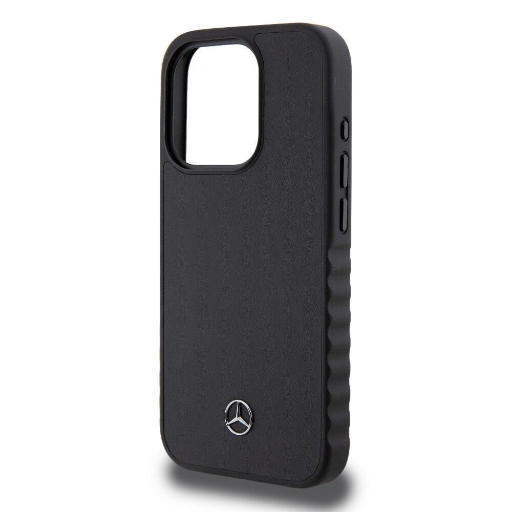 Apple iPhone 15 Pro Kılıf Mercedes Benz Orjinal Lisanslı Tırtıklı Kenar Tasarımlı Metal Yıldız Logolu Pürüzsüz Hakiki Deri Kapak