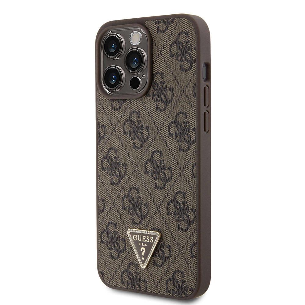 Apple iPhone 15 Pro Max Kılıf Guess Orjinal Lisanslı PU Deri Askılı Taşlı Üçgen Logo 4G Desenli Strass Crossbody Kapak
