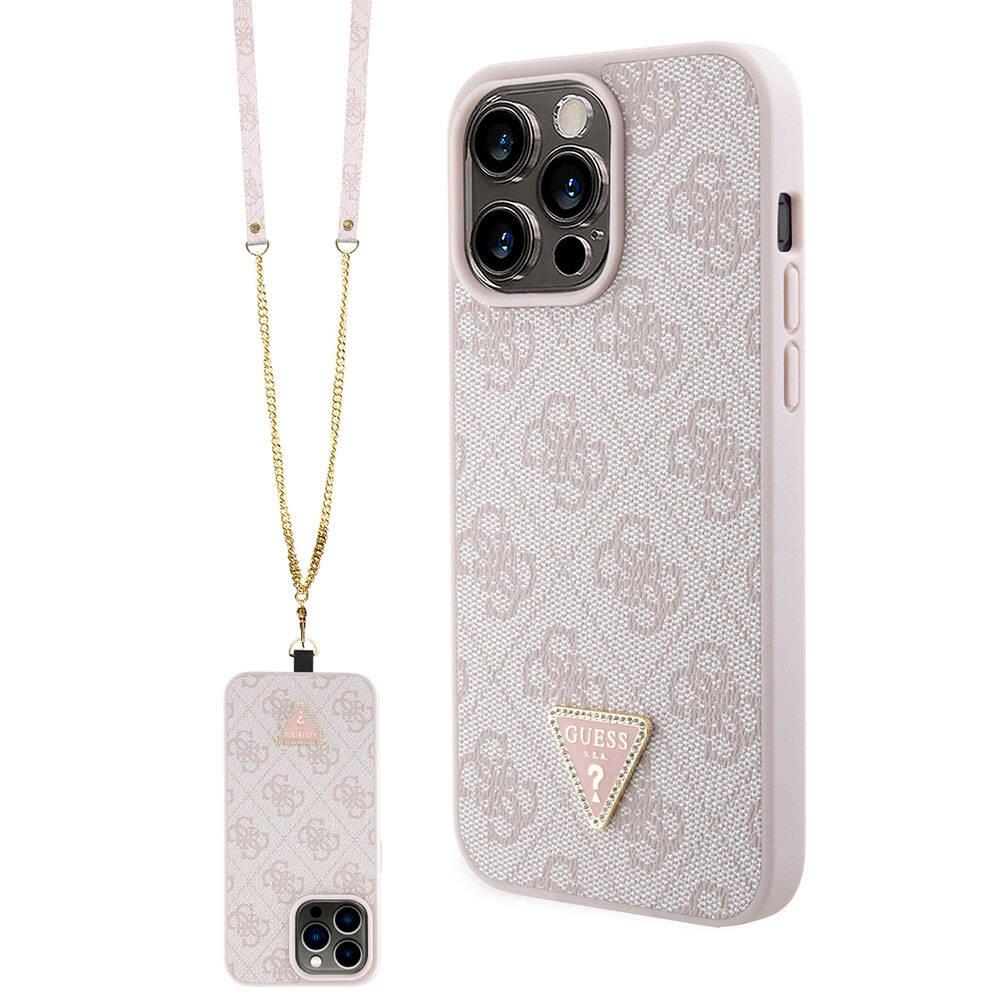 Apple iPhone 15 Pro Max Kılıf Guess Orjinal Lisanslı PU Deri Askılı Taşlı Üçgen Logo 4G Desenli Strass Crossbody Kapak