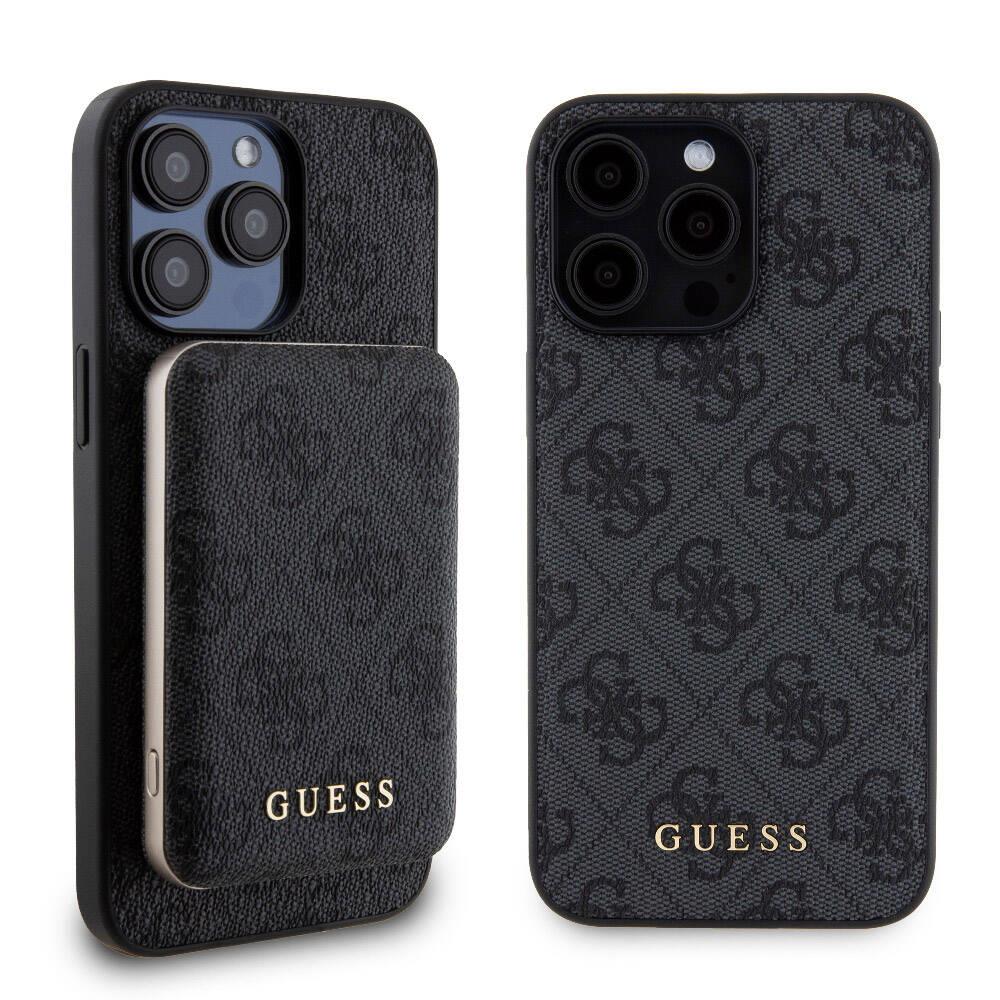 Apple iPhone 15 Pro Max Kılıf Guess Orjinal Lisanslı Magsafe Şarj Özellikli Yazı Logolu 4G Desenli Kapak + Powerbank 5000mAh 2in1 Set
