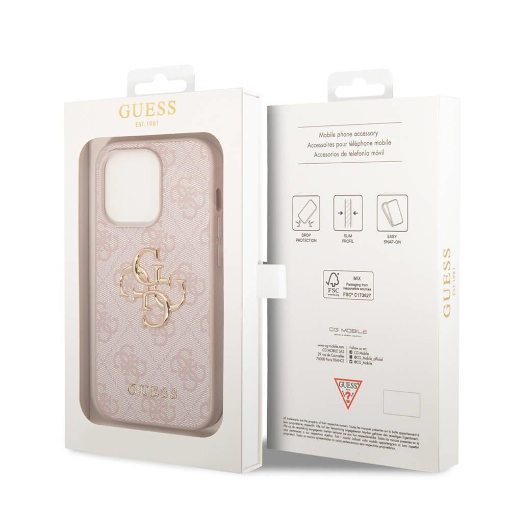 Apple iPhone 15 Pro Max Kılıf Guess Orjinal Lisanslı PU Deri Yazı ve 4G Metal Logolu Desenli Kapak