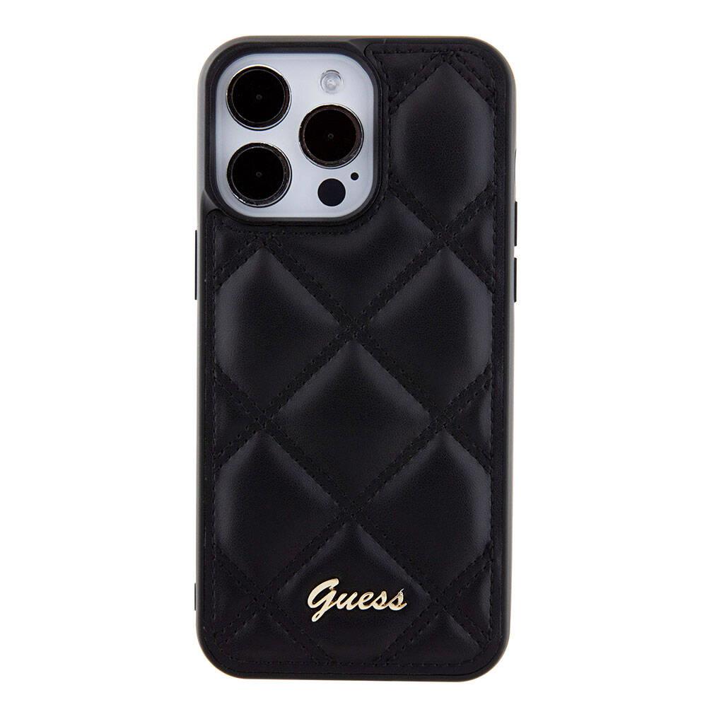 Apple iPhone 15 Pro Max Kılıf Guess Orjinal Lisanslı PU Deri Metal Yazı Logolu Kapitone Kapak