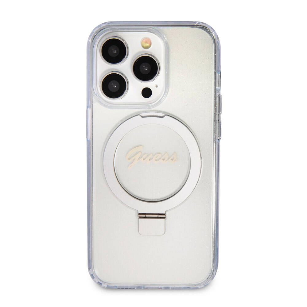 Apple iPhone 15 Pro Max Kılıf Guess Orjinal Lisanslı Magsafe Şarj Özellikli Simli Arka Yüzey Ring Standlı Kapak