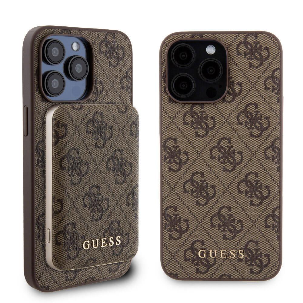 Apple iPhone 15 Pro Max Kılıf Guess Orjinal Lisanslı Magsafe Şarj Özellikli Yazı Logolu 4G Desenli Kapak + Powerbank 5000mAh 2in1 Set
