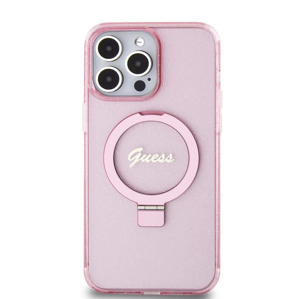 Apple iPhone 15 Pro Max Kılıf Guess Orjinal Lisanslı Magsafe Şarj Özellikli Simli Arka Yüzey Ring Standlı Kapak