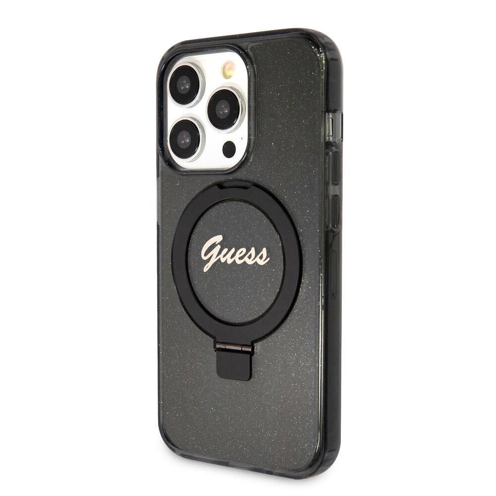 Apple iPhone 15 Pro Max Kılıf Guess Orjinal Lisanslı Magsafe Şarj Özellikli Simli Arka Yüzey Ring Standlı Kapak
