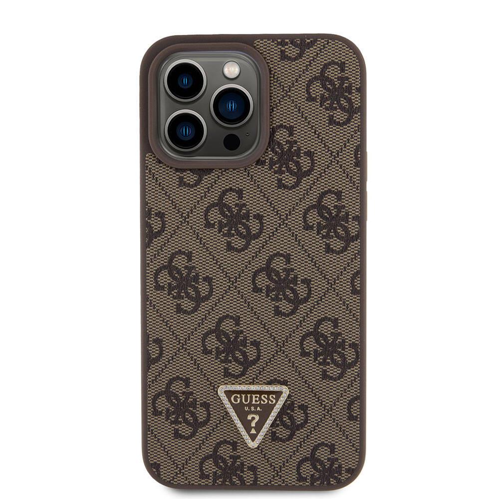 Apple iPhone 15 Pro Max Kılıf Guess Orjinal Lisanslı PU Deri Askılı Taşlı Üçgen Logo 4G Desenli Strass Crossbody Kapak
