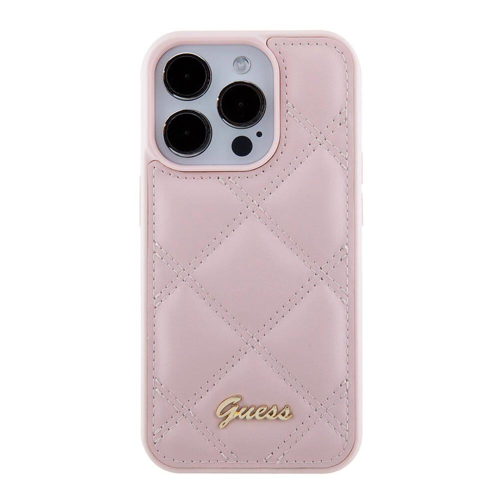 Apple iPhone 15 Pro Max Kılıf Guess Orjinal Lisanslı PU Deri Metal Yazı Logolu Kapitone Kapak