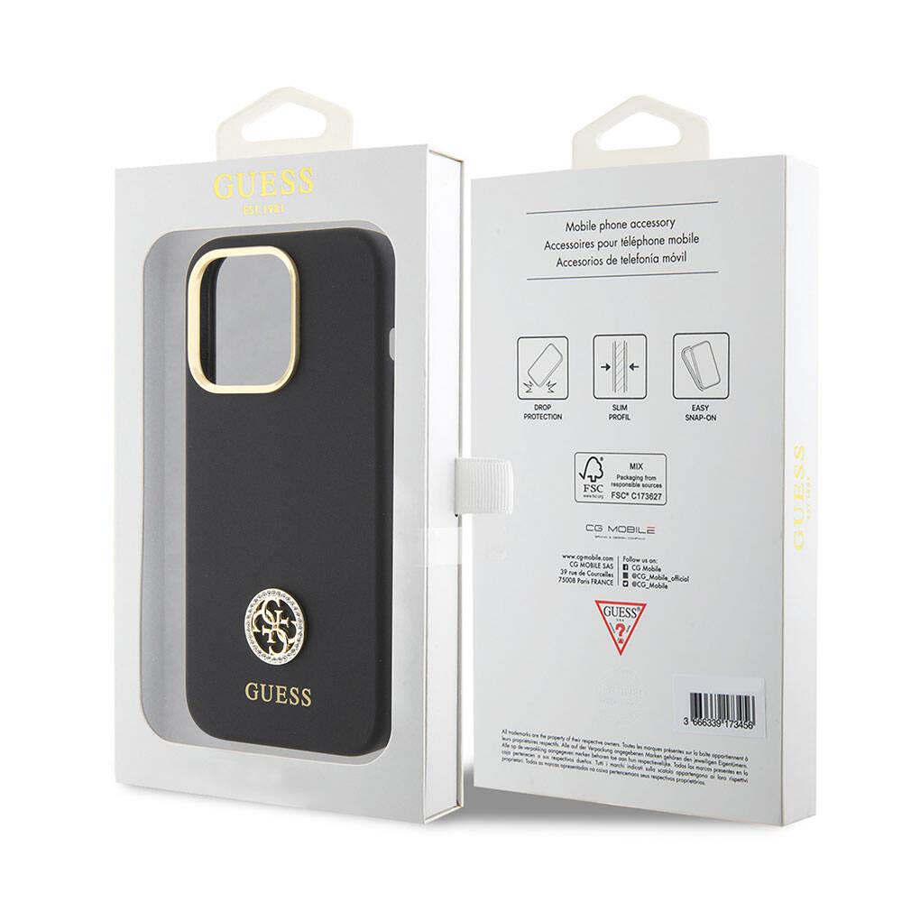 Apple iPhone 15 Pro Max Kılıf Guess Orjinal Lisanslı Yazı ve Taşlı 4G Logolu Metal Kamera Çerçeveli Silikon Kapak