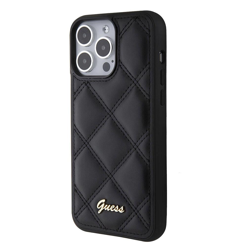 Apple iPhone 15 Pro Max Kılıf Guess Orjinal Lisanslı PU Deri Metal Yazı Logolu Kapitone Kapak