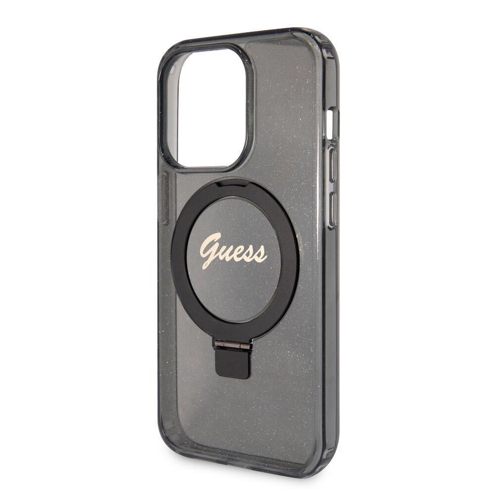Apple iPhone 15 Pro Max Kılıf Guess Orjinal Lisanslı Magsafe Şarj Özellikli Simli Arka Yüzey Ring Standlı Kapak