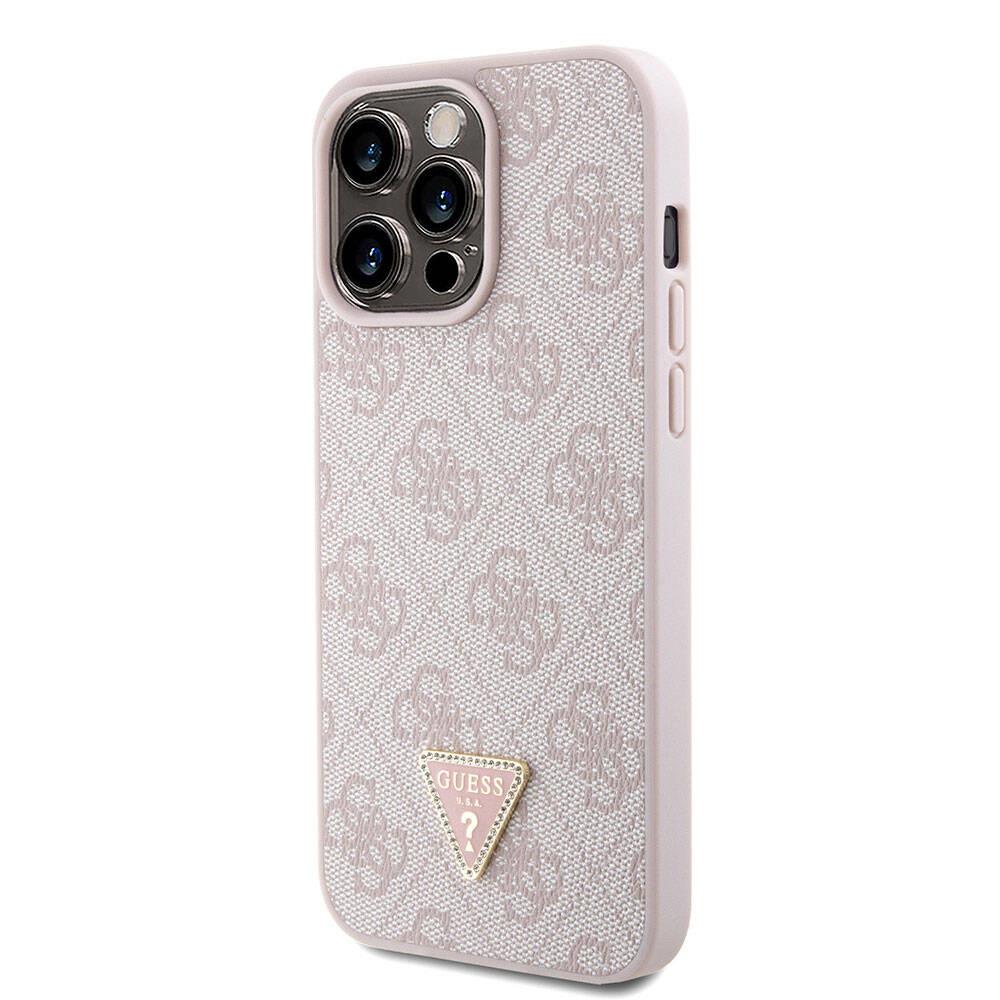 Apple iPhone 15 Pro Max Kılıf Guess Orjinal Lisanslı PU Deri Askılı Taşlı Üçgen Logo 4G Desenli Strass Crossbody Kapak