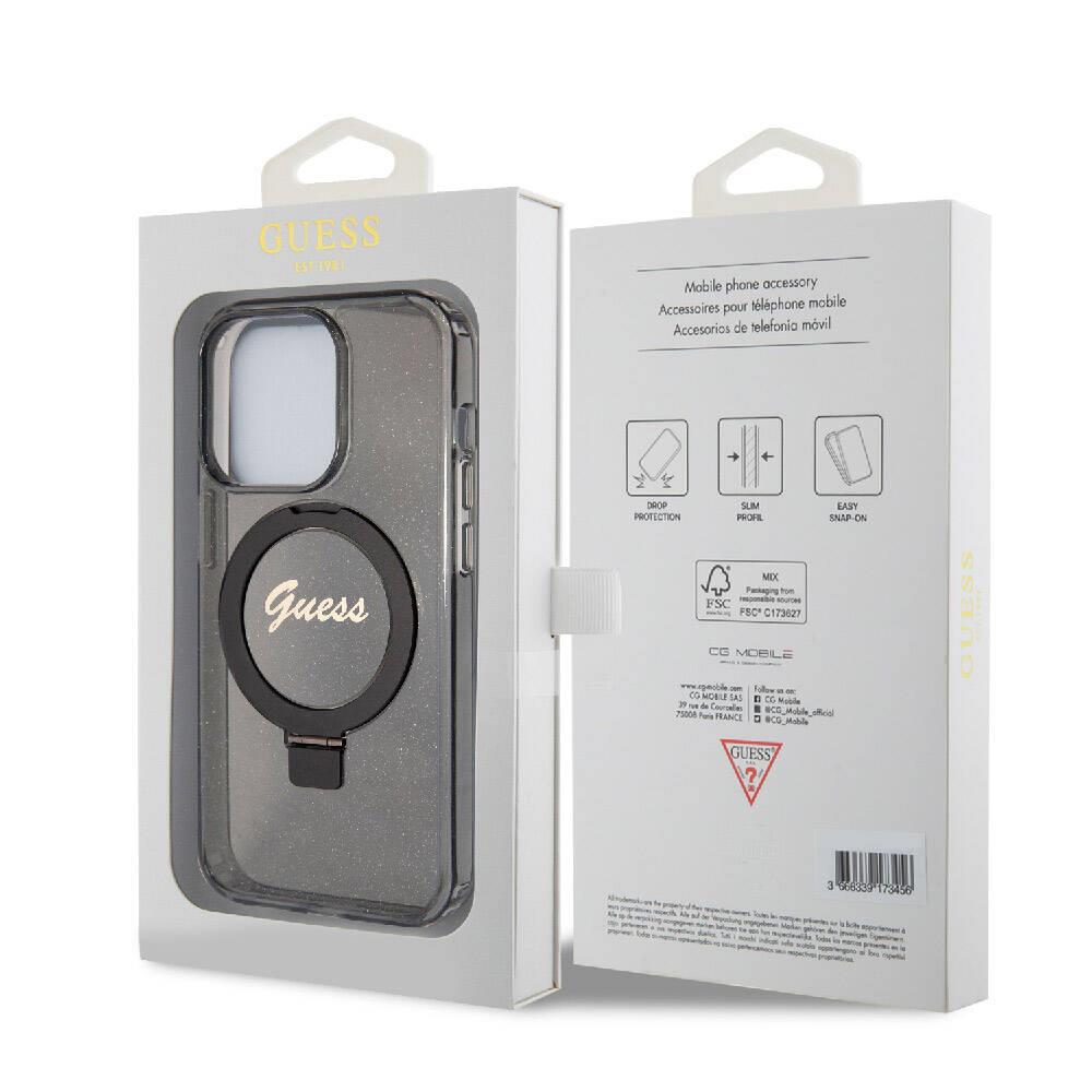 Apple iPhone 15 Pro Max Kılıf Guess Orjinal Lisanslı Magsafe Şarj Özellikli Simli Arka Yüzey Ring Standlı Kapak