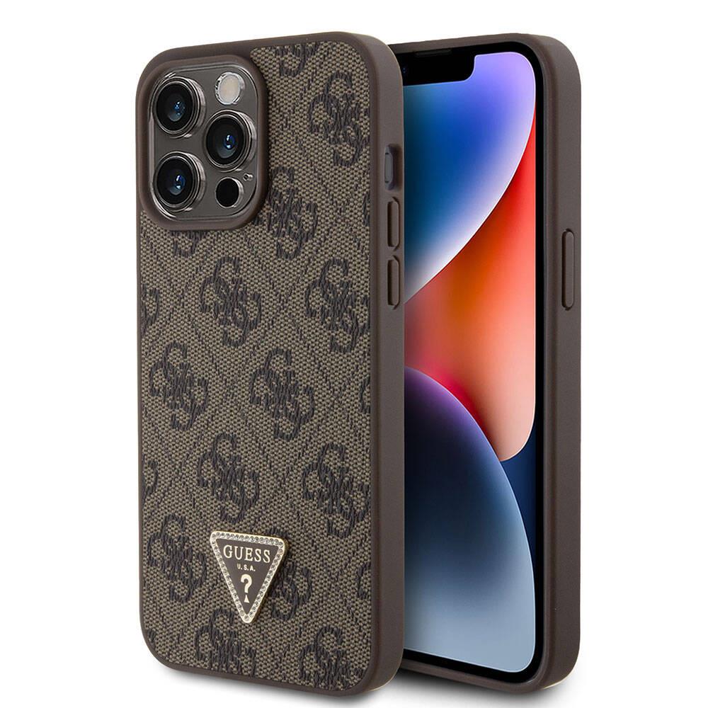 Apple iPhone 15 Pro Max Kılıf Guess Orjinal Lisanslı PU Deri Taşlı Üçgen Logo 4G Desenli Strass Kapak