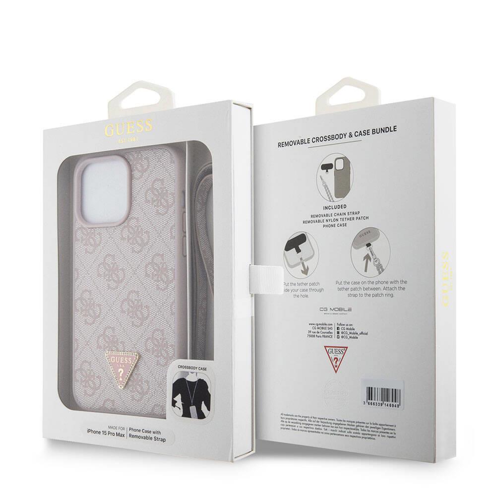 Apple iPhone 15 Pro Max Kılıf Guess Orjinal Lisanslı PU Deri Askılı Taşlı Üçgen Logo 4G Desenli Strass Crossbody Kapak