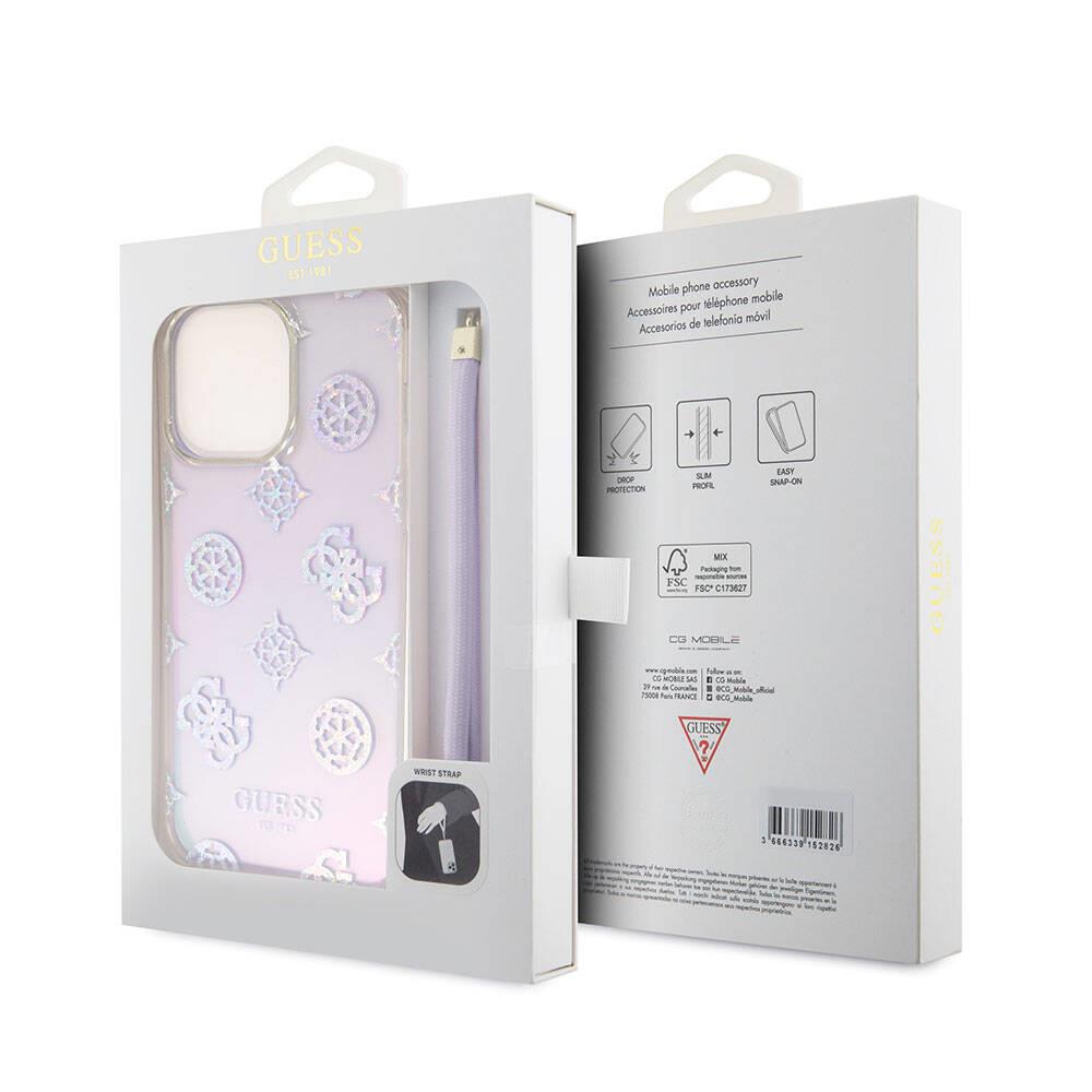 Apple iPhone 15 Pro Max Kılıf Guess Orjinal Lisanslı Desenli Yazı Logolu Askı İpli Holografik Glitter Peony Kapak