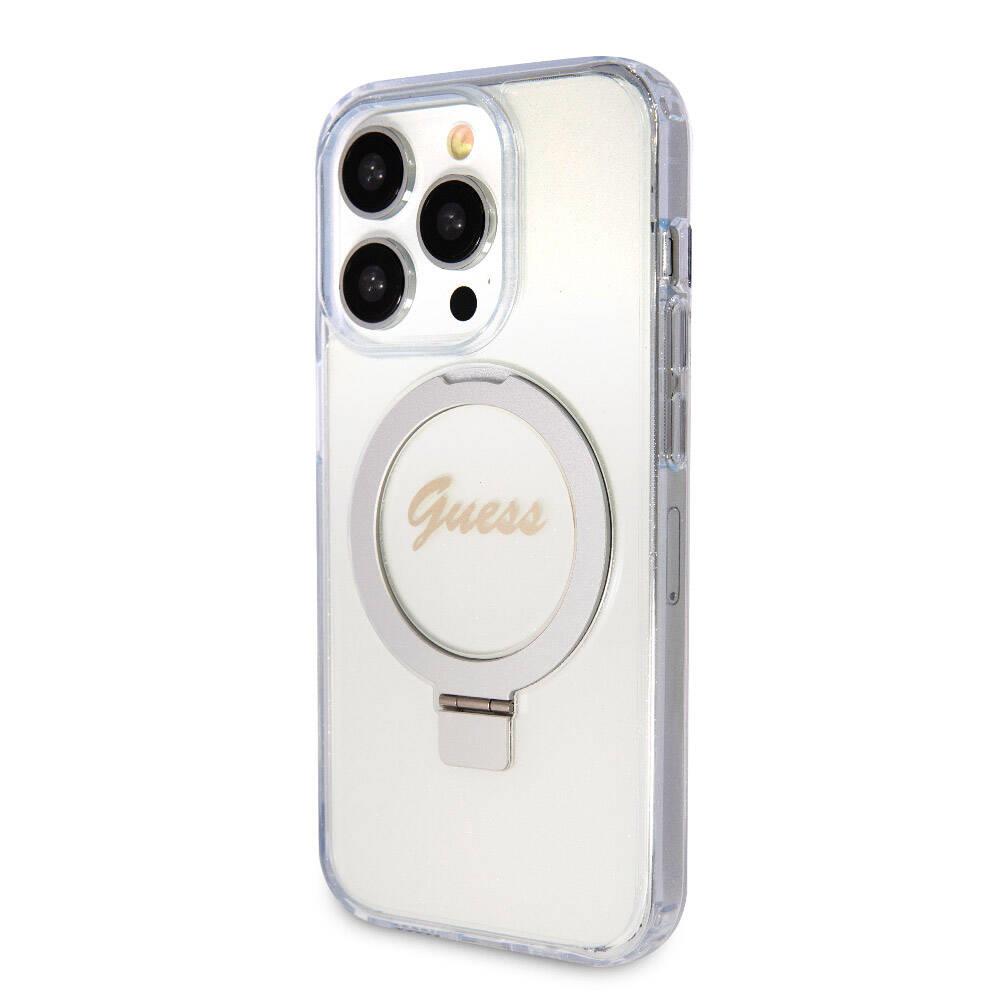 Apple iPhone 15 Pro Max Kılıf Guess Orjinal Lisanslı Magsafe Şarj Özellikli Simli Arka Yüzey Ring Standlı Kapak