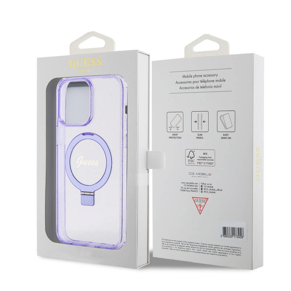 Apple iPhone 15 Pro Max Kılıf Guess Orjinal Lisanslı Magsafe Şarj Özellikli Simli Arka Yüzey Ring Standlı Kapak