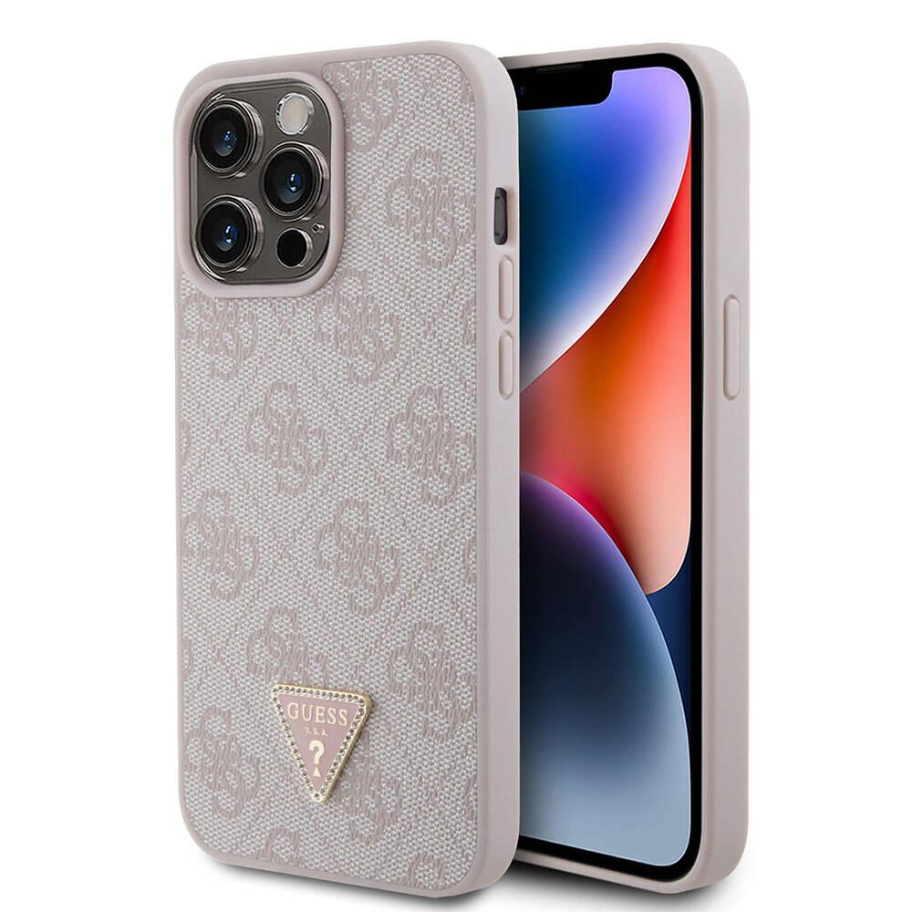 Apple iPhone 15 Pro Max Kılıf Guess Orjinal Lisanslı PU Deri Taşlı Üçgen Logo 4G Desenli Strass Kapak