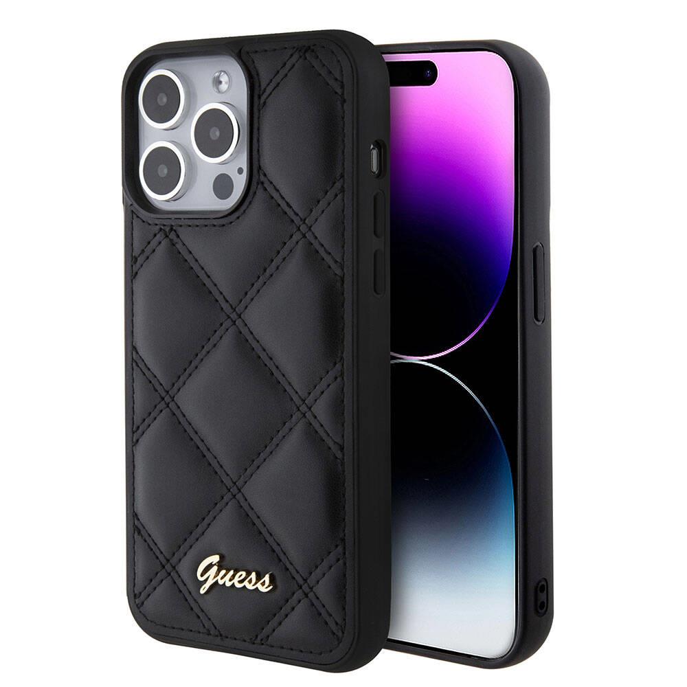 Apple iPhone 15 Pro Max Kılıf Guess Orjinal Lisanslı PU Deri Metal Yazı Logolu Kapitone Kapak