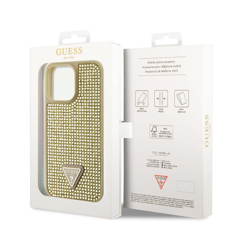 Apple iPhone 15 Pro Max Kılıf Guess Orjinal Lisanslı Taşlı Arka Yüzey Üçgen Logolu Kapak