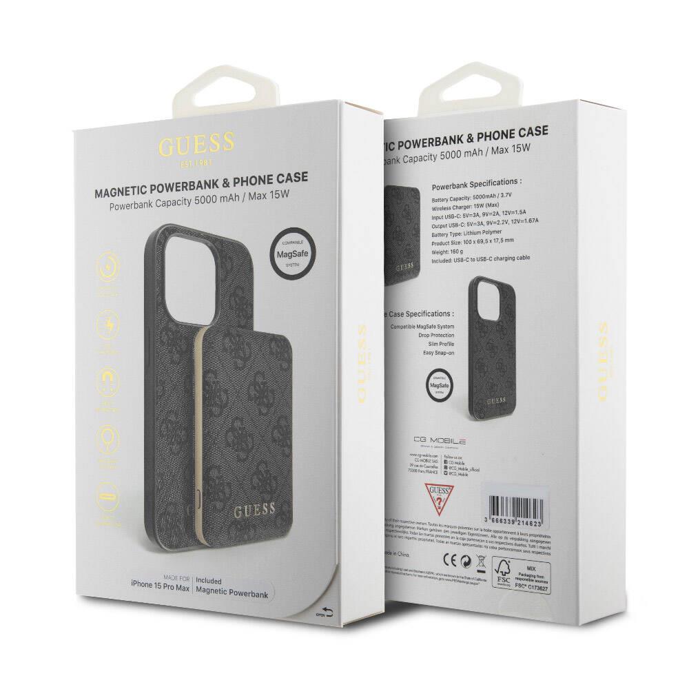 Apple iPhone 15 Pro Max Kılıf Guess Orjinal Lisanslı Magsafe Şarj Özellikli Yazı Logolu 4G Desenli Kapak + Powerbank 5000mAh 2in1 Set