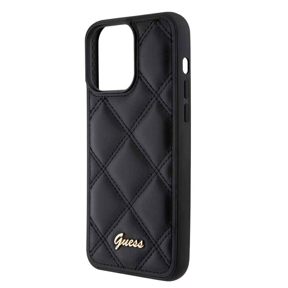 Apple iPhone 15 Pro Max Kılıf Guess Orjinal Lisanslı PU Deri Metal Yazı Logolu Kapitone Kapak
