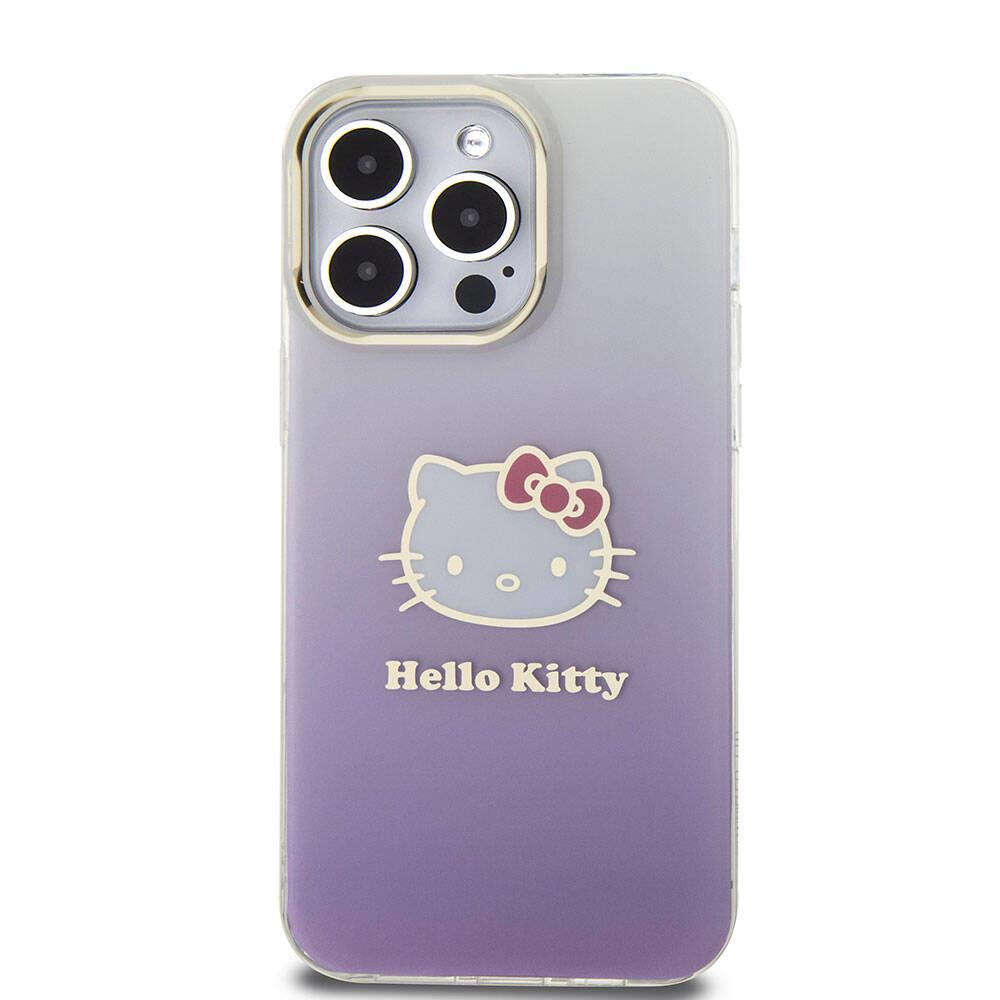 Apple iPhone 15 Pro Max Kılıf Hello Kitty Orjinal Lisanslı Yazı ve İkonik Logolu Elektroplating Kaplama Gradyan Kapak