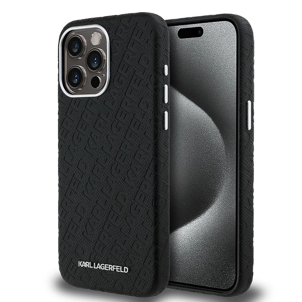 Apple iPhone 15 Pro Max Kılıf Karl Lagerfeld Orjinal Lisanslı PU Deri Damgalı Metal Yazı Logolu Kapak
