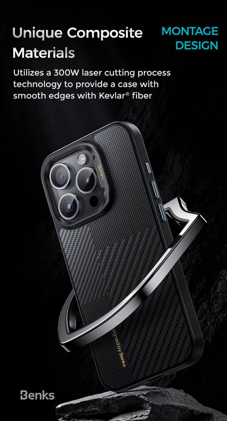 Apple iPhone 15 Pro Max Kılıf Magsafe Şarj Özellikli Karbon Fiber Benks Montage Hybrid ArmorPro Kevlar Kapak