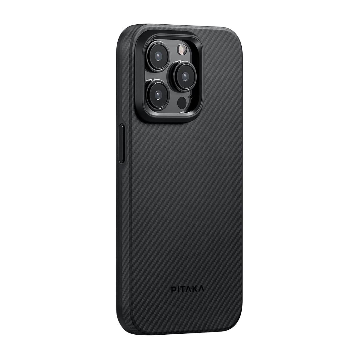 Apple iPhone 15 Pro Max Kılıf Magsafe Şarj Özellikli 600D Aramid Fiber Pitaka Military-Grade Classic Serisi Black-Grey Twill Kapak