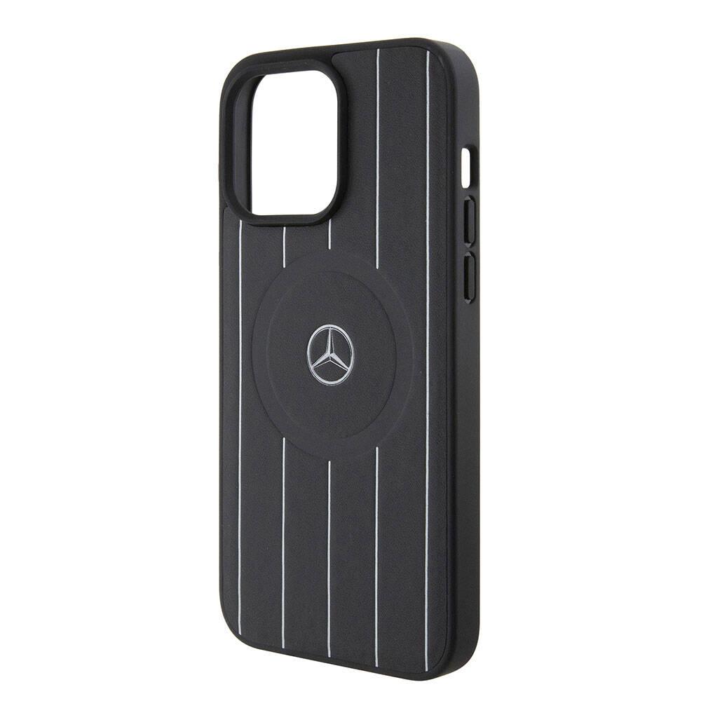 Apple iPhone 15 Pro Max Kılıf Mercedes Benz Orjinal Lisanslı Magsafe Şarj Özellikli Baskı Logolu Paralel Çizgi Desenli Deri Kapak
