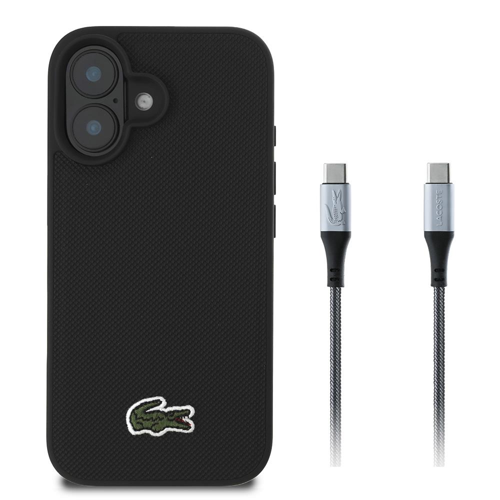 Apple iPhone 16 Kılıf Lacoste Orjinal Lisanslı PU Pike Desenli Arka Yüzey İkonik Timsah Dokuma Logolu Kapak + Type-C Kablo 1.5m