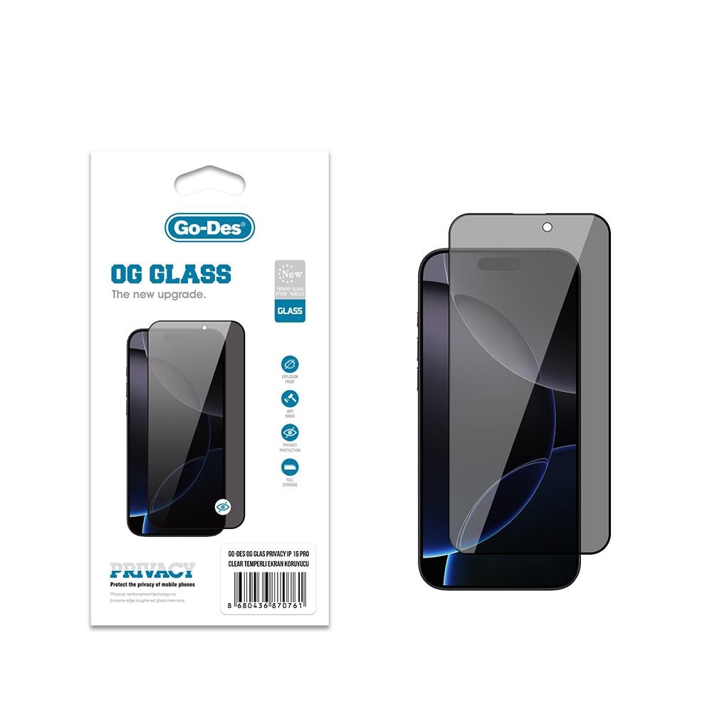 Apple iPhone 16 Pro Go Des OG Glass Privacy Antistatik Temperli Cam Ekran Koruyucu