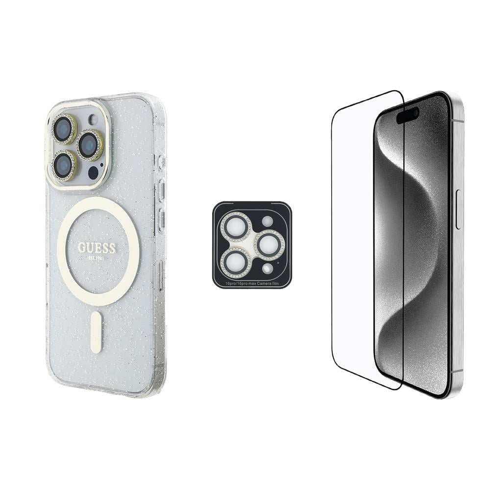 Apple iPhone 16 Pro Guess Orjinal Lisanslı 3'lü Aksesuar Seti IML Baskılı Simli Glitter Kılıf + Ekran Koruyucu + Lens Koruyucu