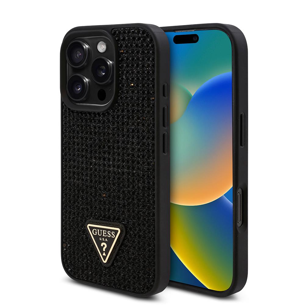 Apple iPhone 16 Pro Kılıf Guess Orjinal Lisanslı Taşlı Arka Yüzey Üçgen Logolu Kapak