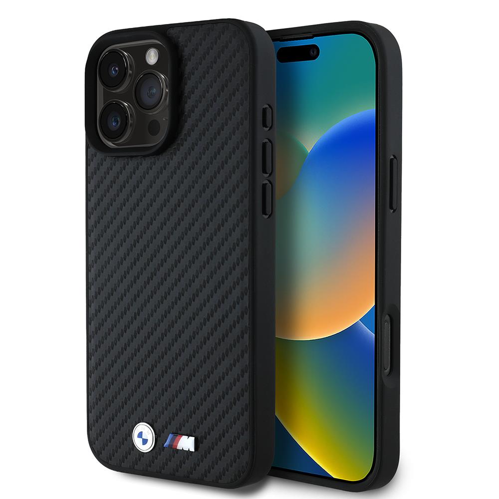 Apple iPhone 16 Pro Max Kılıf BMW Orjinal Lisanslı M-safe Şarj Özellikli Karbon Fiber Görünümlü ve Metal Logolu PU Deri Kapak