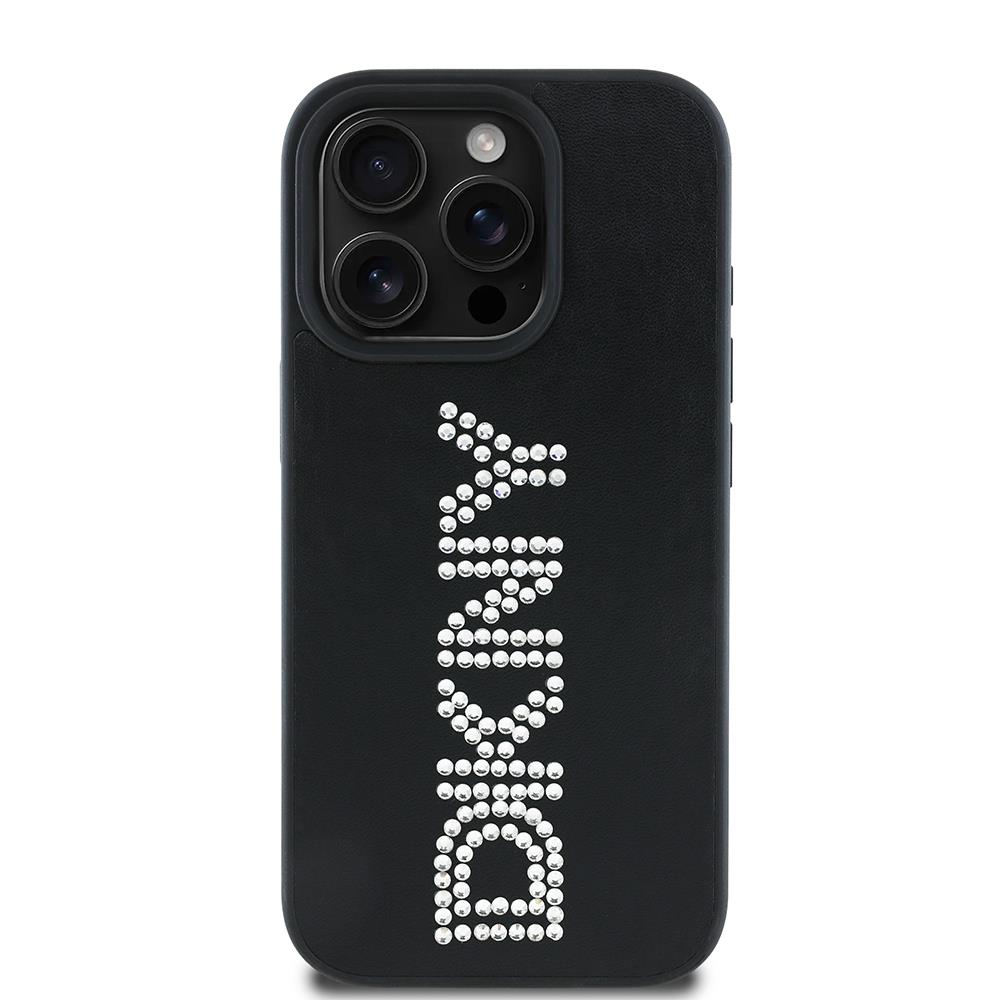 Apple iPhone 16 Pro Max Kılıf DKNY Orjinal Lisanslı Taşlı DKNY Yazılı Metalik Rhinestones PU Deri Kapak