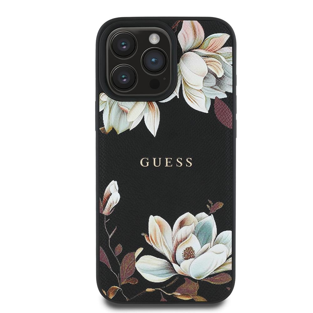 Apple iPhone 16 Pro Max Kılıf Guess Orjinal Lisanslı Magsafe Şarj Özellikli Taneli Çiçek Tasarımlı Metal Yazı Logolu Kapak