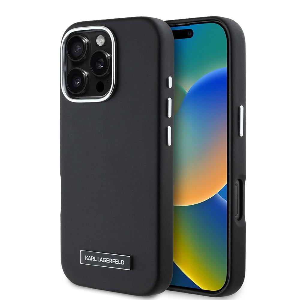 Apple iPhone 16 Pro Max Kılıf Karl Lagerfeld Orjinal Lisanslı Metal Kamera Çerçeve ve Buton Tasarımlı Metal Plaka Logolu PU Deri Kapak