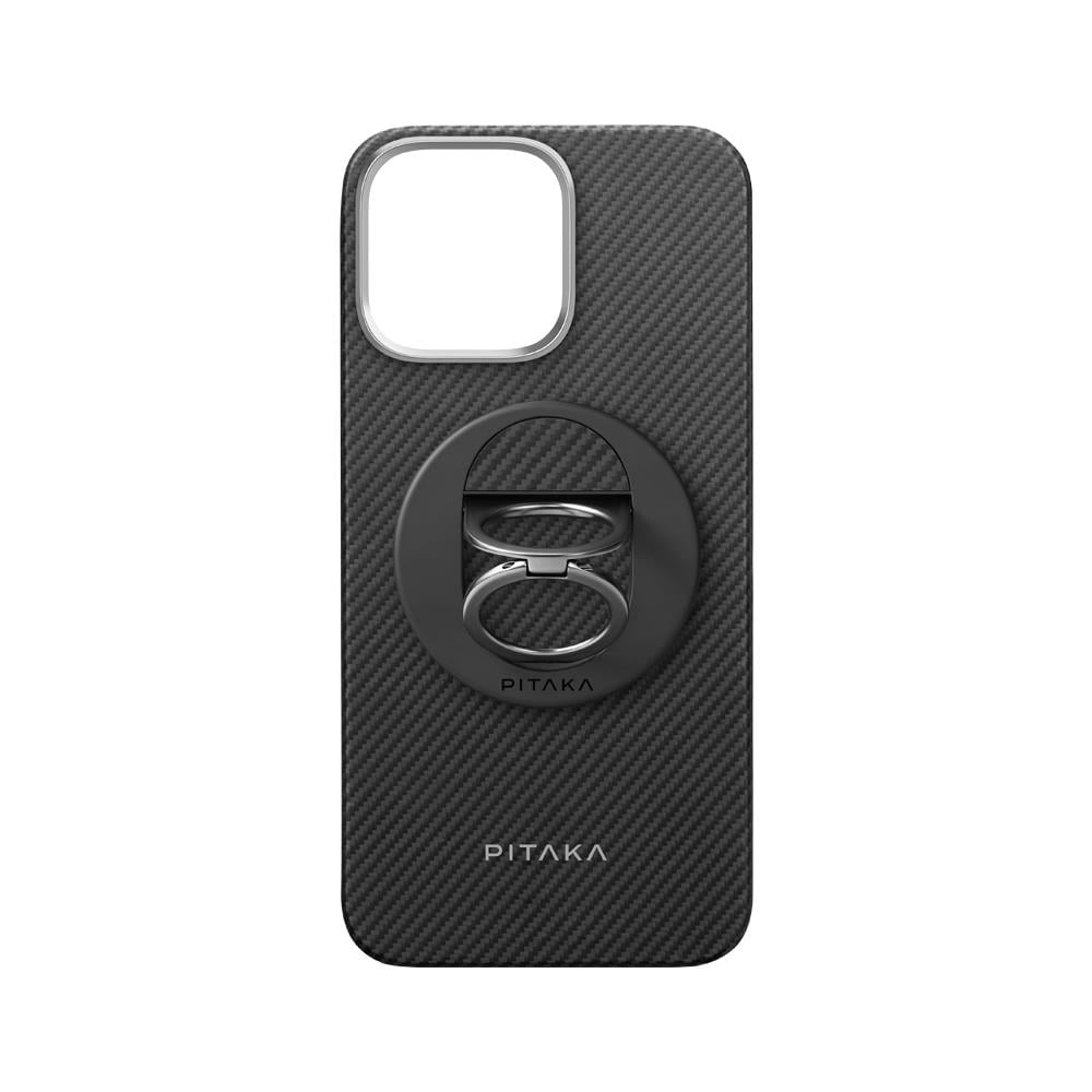 Apple iPhone 16 Pro Max Kılıf Magsafe Şarj Özellikli Grip 3 Standlı 600D Aramid Fiber Pitaka Ultra-Slim Classic Serisi Black-Grey Twill Kapak